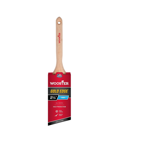 The WOOSTER Gold Edge Polyester Angle Sash Paint Brush features firm bristles for precise application. Its sturdy wooden handle and distinctive red label make it perfect for high-production tasks on walls and trim.